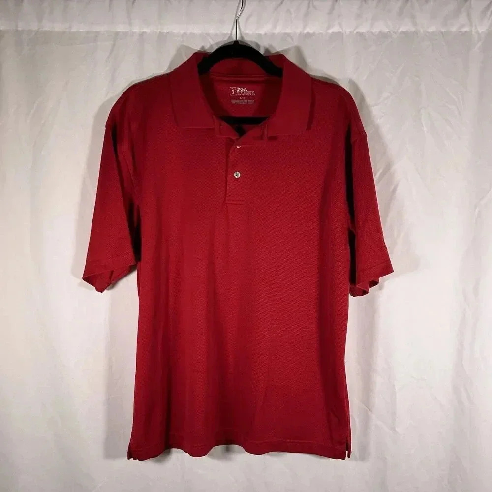 PGA Tour Golf Shirt Men's Large Red Short Sleeve Collared Polo 1/4 Button